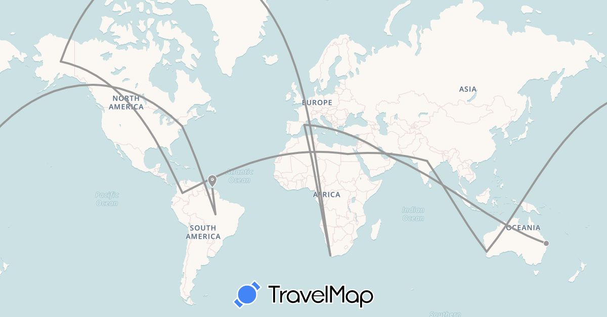 TravelMap itinerary: driving, plane in United Arab Emirates, Australia, Brazil, Colombia, Egypt, Spain, India, Suriname, United States, South Africa (Africa, Asia, Europe, North America, Oceania, South America)